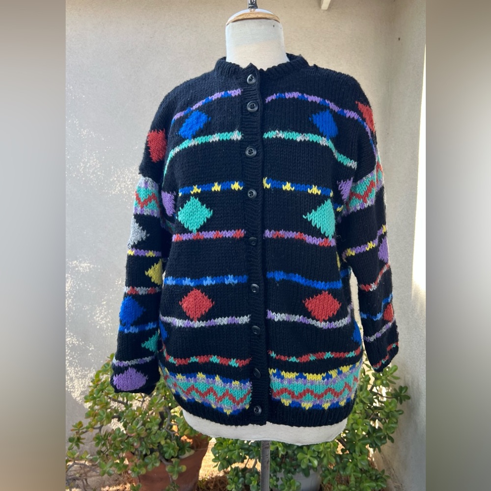 Vintage cardigan sweater colorful geometric print hand knit with silk lining Med